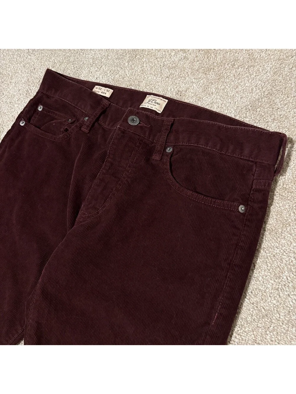 J Crew Mens 484 Slim Straight Corduroy Pants Burgundy Maroon Preppy, Sz 32x32